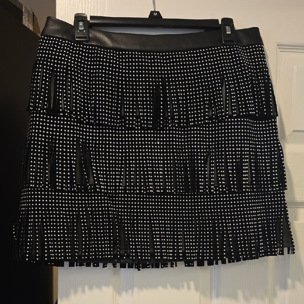 Black and White Fringe Leather Skirt